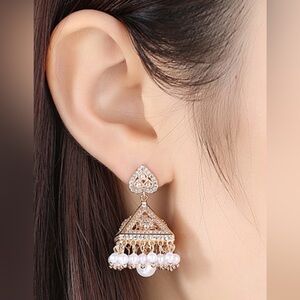 Square Earrings Gold Tone Inlaid With Zircon Court Style Faux Pearl Jewelry